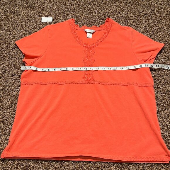 CJ Banks Womens Blouse Shirt V Neck Coral Orange Floral Lace Short Sleeve 1X - Picture 7 of 9